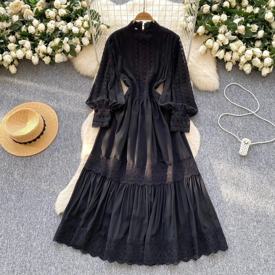 Elegant French vintage style high neck long sleeve evening dress with high quality lace openwork and splicing