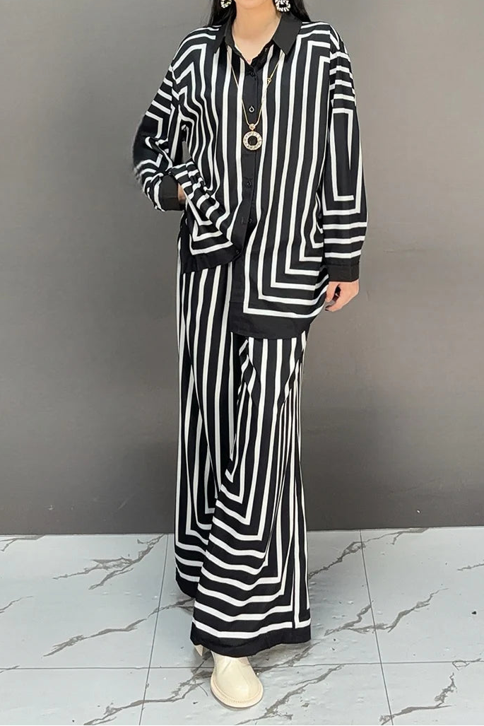 High quality striped long sleeve top+loose pants two piece set