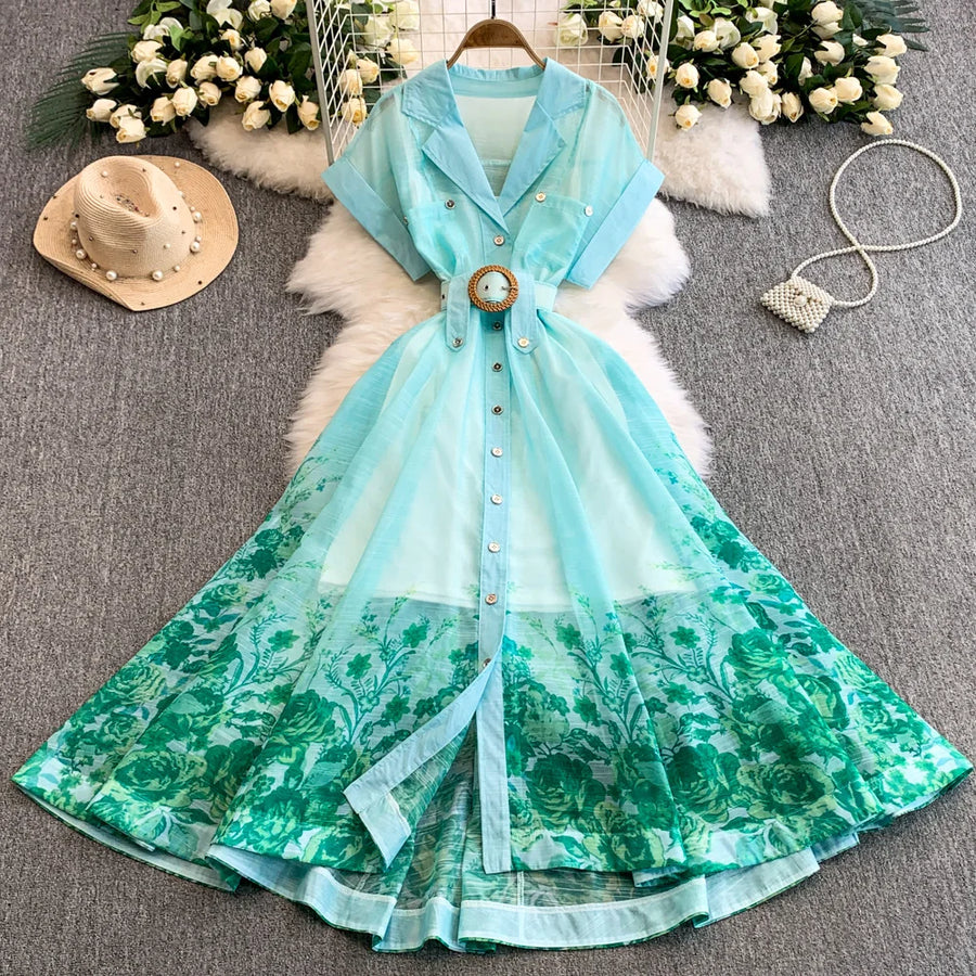 Summer Women Printed Long Dress Beach Vacation Notched Collar Single Breasted Short Sleeve A-Line Maxi Vestidos Female Robe