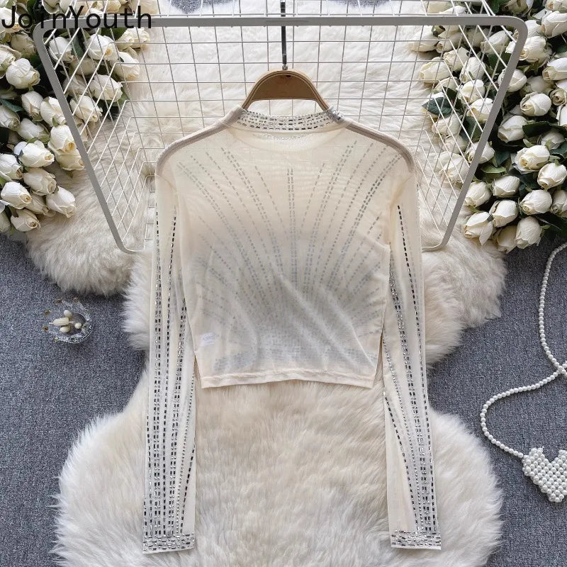 Fashion Tshirts Women's Clothing Heavy Diamond Tunic Tees  Ropa Mujer Crop Tops Sexy See Throught Gauze T Shirt Y2k T-shirt