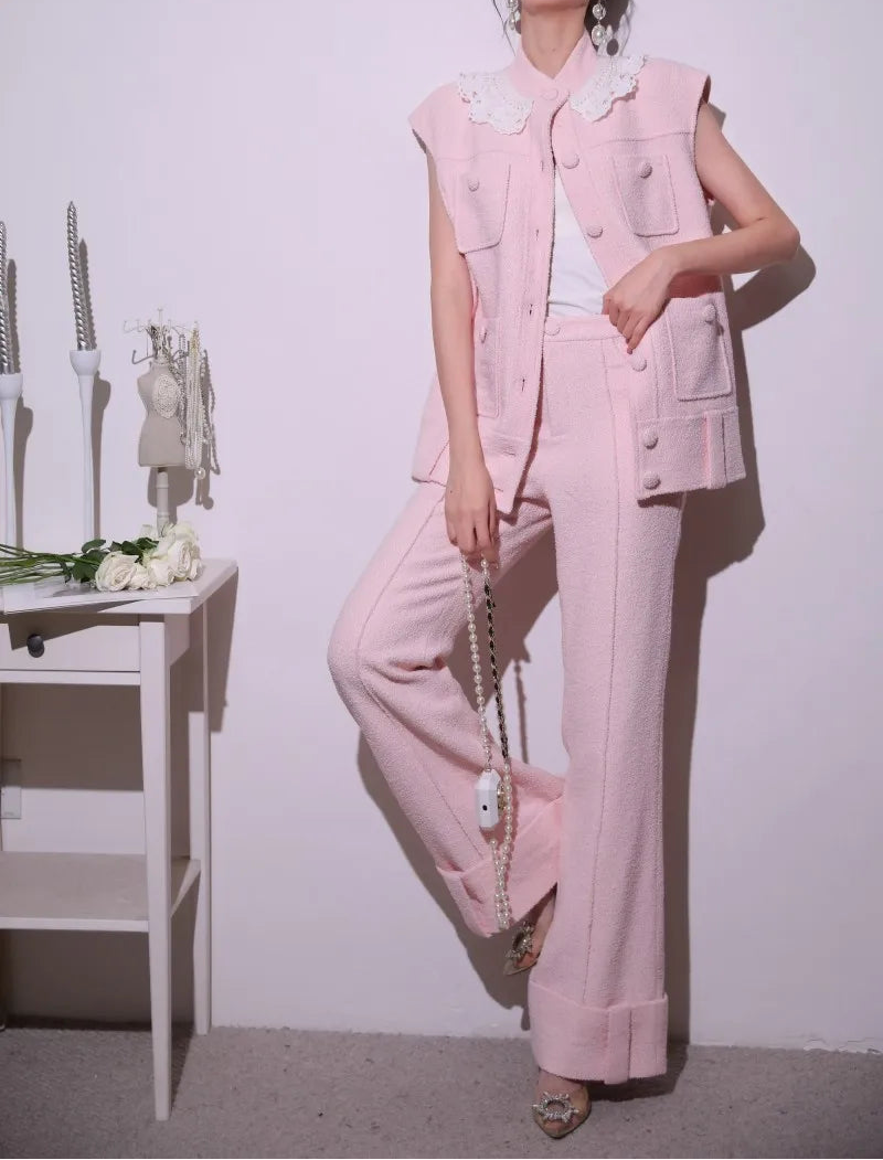 Sweet Pink Lace Collar Women Vest Sets Loose Fit Multi Pocket Sleeveless Jacket Two-Piece Set Full Length Wide Leg Pant Outfits