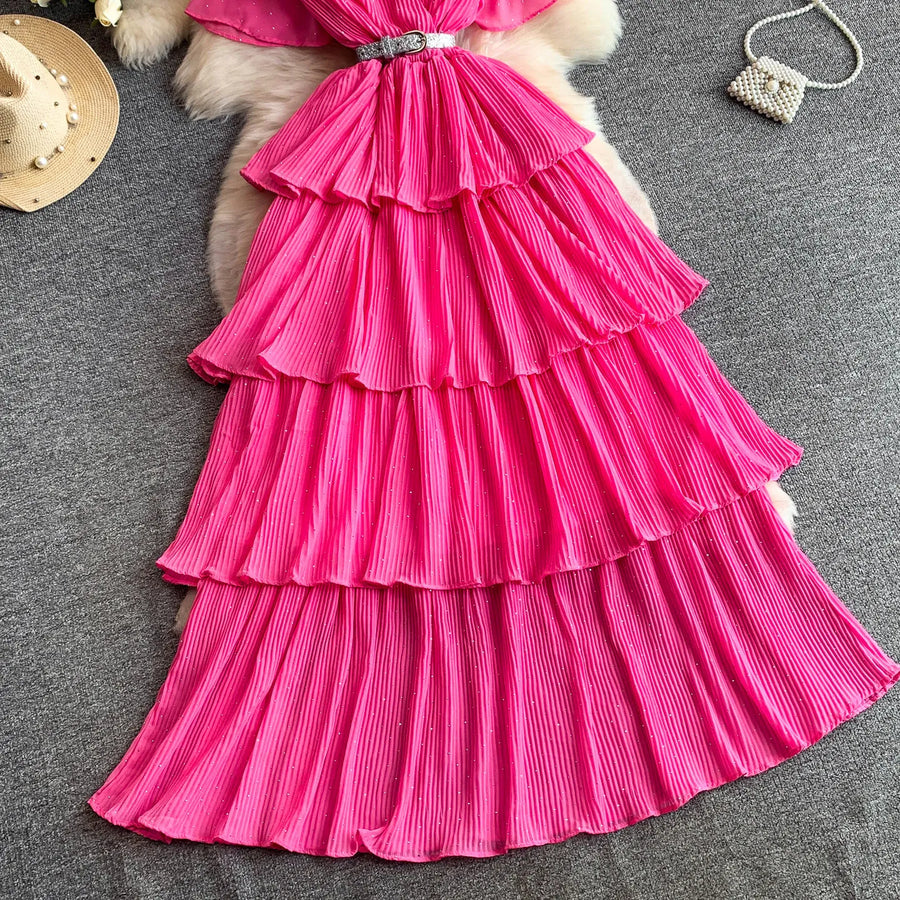 Women Long Dress Cake Dresses A Line Vestidos  Streetwear V Neck Short Sleeve Elegant Party Work Slim Fit Casual Summer