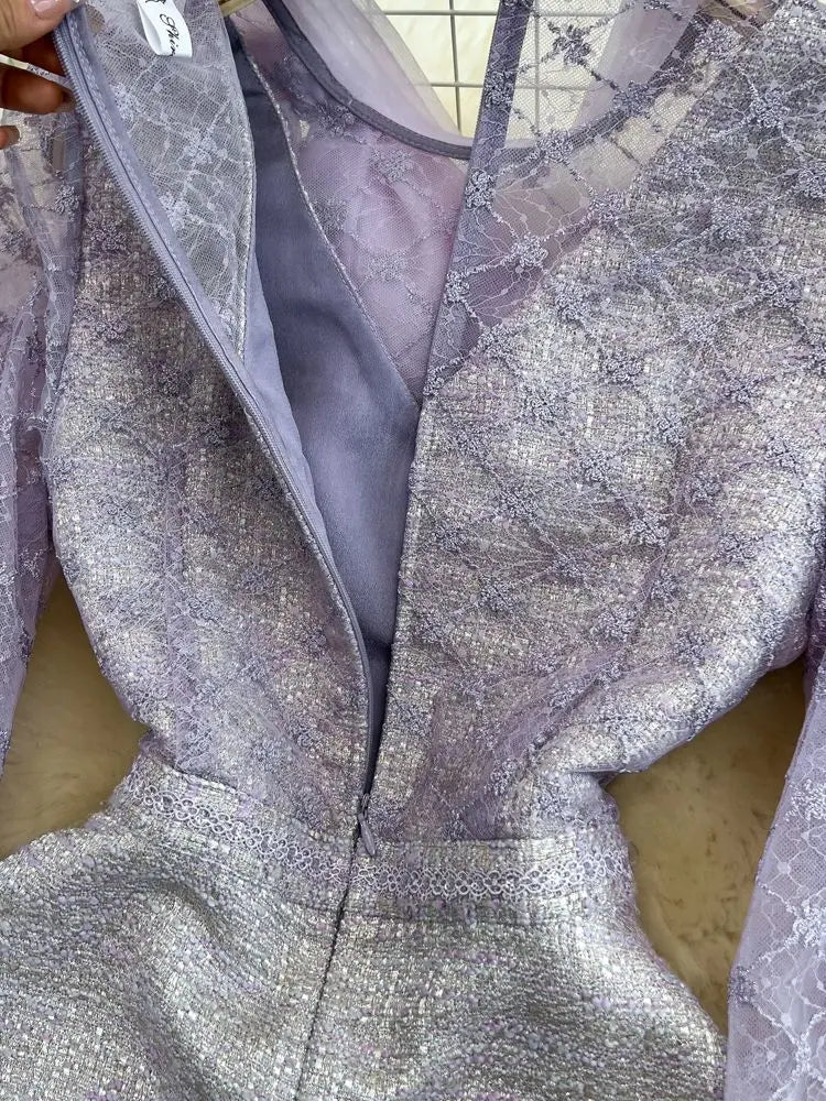 Elegant Long Sleeve Stand Collar Big Bow Tweed A-line Dress High Quality Embroidery