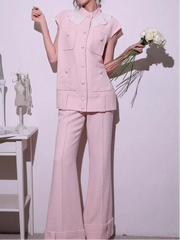 Sweet Pink Lace Collar Women Vest Sets Loose Fit Multi Pocket Sleeveless Jacket Two-Piece Set Full Length Wide Leg Pant Outfits