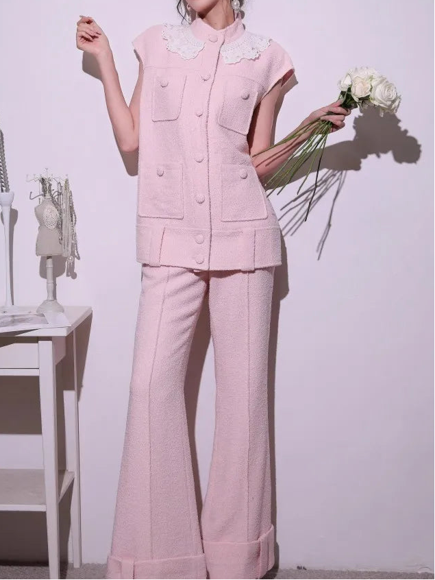 Sweet Pink Lace Collar Women Vest Sets Loose Fit Multi Pocket Sleeveless Jacket Two-Piece Set Full Length Wide Leg Pant Outfits