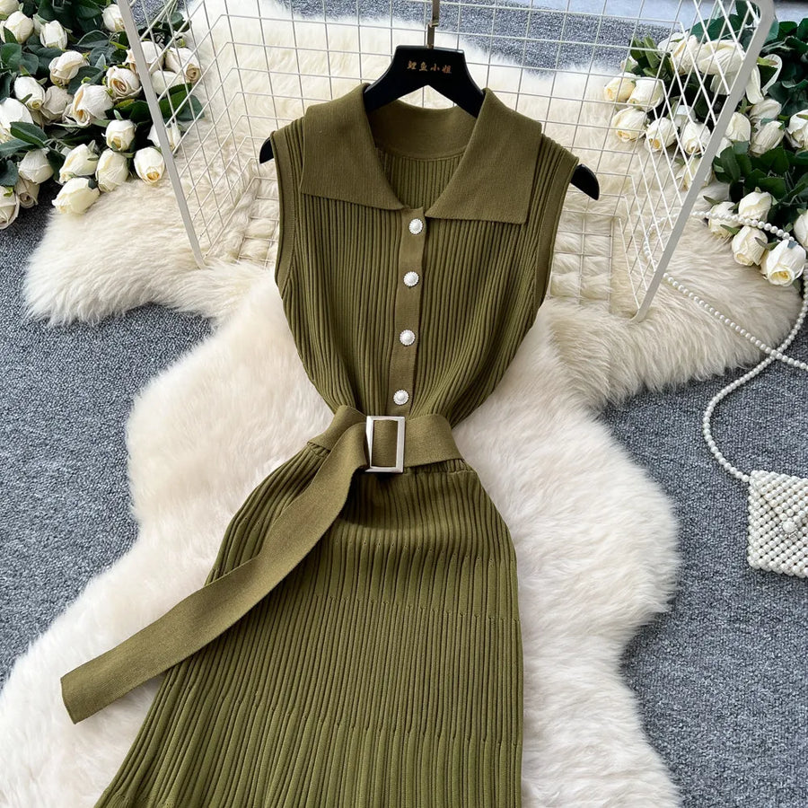 Ribbed Knit Dress Sleeveless Lapel Belt French Ins Chic Spring Summer Celebrity Style Feminine A-line Long Dress