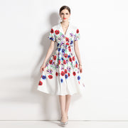 High Quality Belted Floral Print Short Sleeve Notched Neck Short Sleeve Vintage Flower Shirt Dress