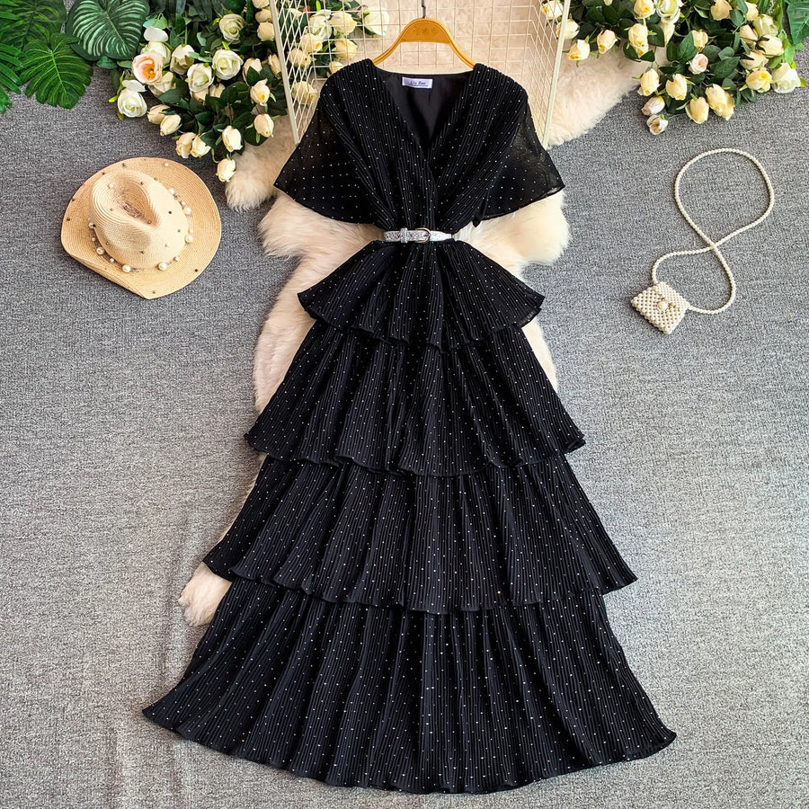 Women Long Dress Cake Dresses A Line Vestidos  Streetwear V Neck Short Sleeve Elegant Party Work Slim Fit Casual Summer