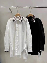 Luxury Sparking Colorful Exquisite Diamonds Black White Cotton Shirts Blouses For Women  New Loose Casual Long Sleeve Top