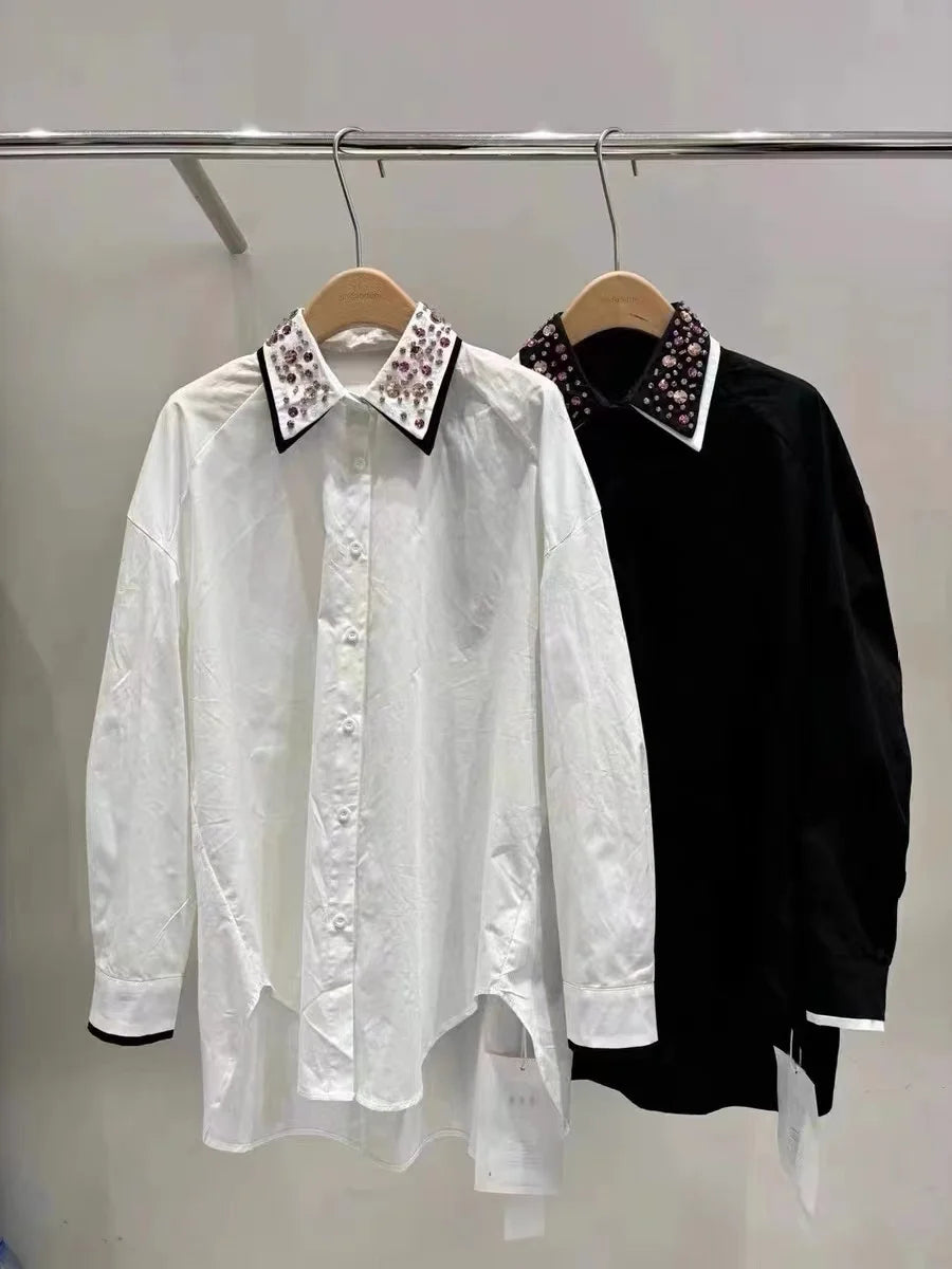 Luxury Sparking Colorful Exquisite Diamonds Black White Cotton Shirts Blouses For Women  New Loose Casual Long Sleeve Top