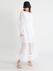 Vintage dresses round neck, flare sleeve, high waist, hollow out patchwork, high quality embroidery