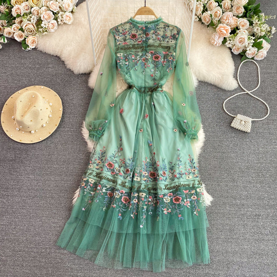 Temperament Flower Letter Embroidery Dress Long Sleeve Mesh Lace Ruffles High Quality