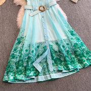 Summer Women Printed Long Dress Beach Vacation Notched Collar Single Breasted Short Sleeve A-Line Maxi Vestidos Female Robe