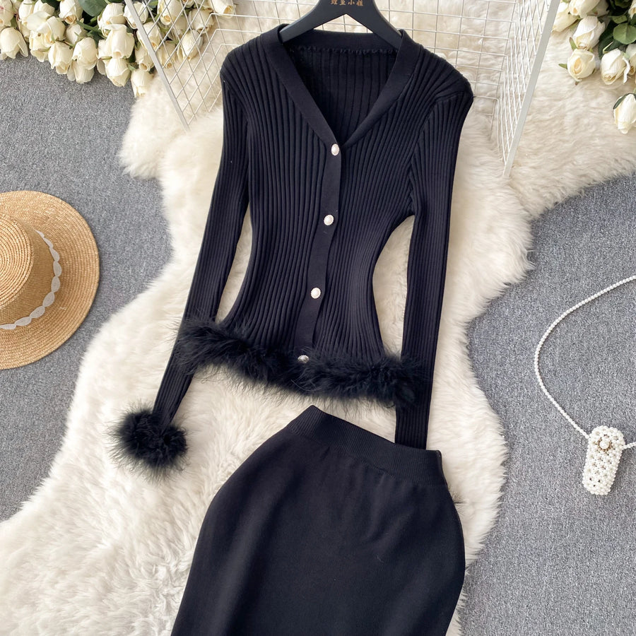 Basic Sets V-Neck Button-Down Knitted Blouse + High Quality Elastic Waist Bodycon Skirt