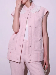 Sweet Pink Lace Collar Women Vest Sets Loose Fit Multi Pocket Sleeveless Jacket Two-Piece Set Full Length Wide Leg Pant Outfits