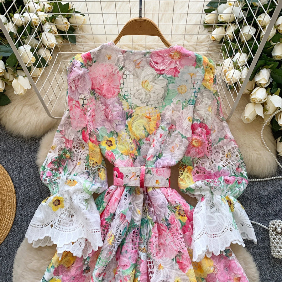 Elegant French style evening dress with high quality floral print