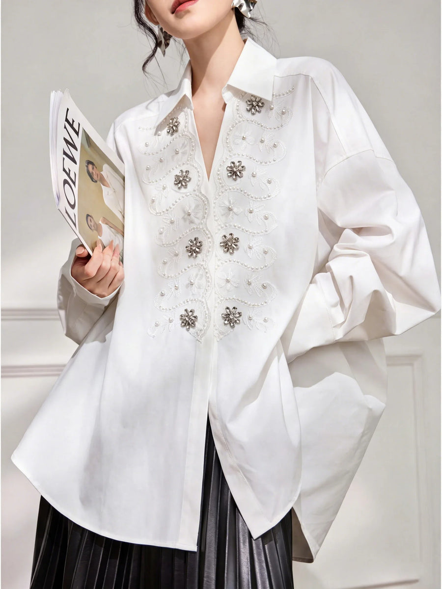French Style Women White Shirt Heavy Beaded Embroidery Turn Down Collar Loose Casual Office Blouse Elegant Top