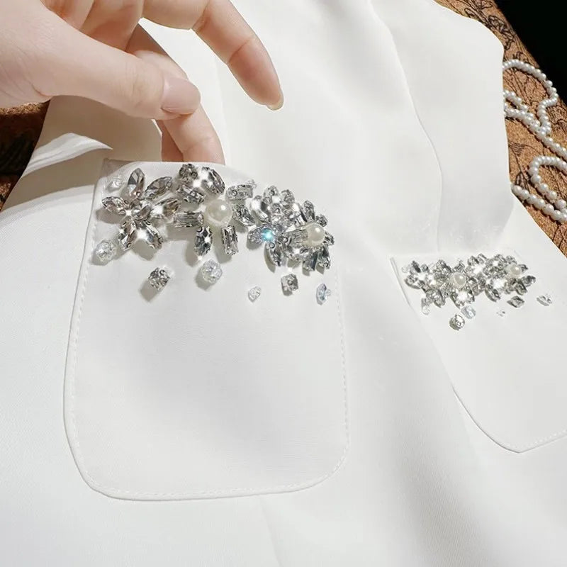 Banquet Fashion Women Luxury Diamonds Solid Color Lapel Short Jacket High Waist A Line Tank Dress Elegant Ladies Two Piece Set
