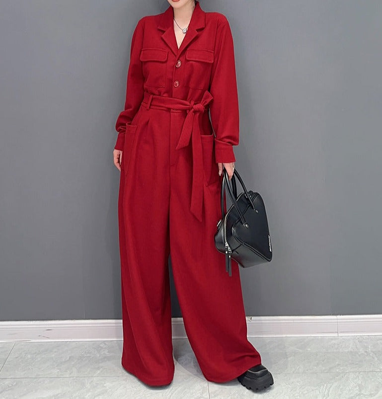 High Quality Loose Wide Leg Long Sleeve Solid Color One Piece Jumpsuit