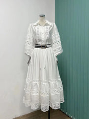 Lantern-sleeved long-sleeved shirt + elastic waist lace splicing hollow-out skirt skirt suit