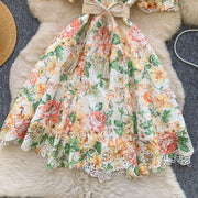 Elegant French style short dress with high quality vintage floral print