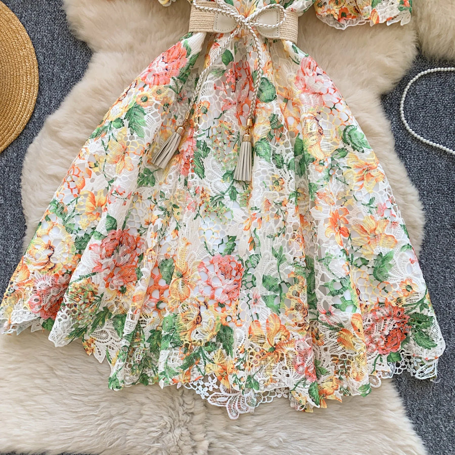 Elegant French style short dress with high quality vintage floral print