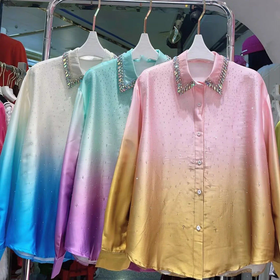 Fashion Gradient Rhinestone Mercerized Cotton Blouse  Spring Rhinestone Lapel Long Sleeve Single-Breasted Shirt for Women