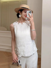 Female New High Waist Linen Sets Thin Pant Outfits O-Neck Elegant Sleeveless Tops Hollow-Out Embroidery Women Two-Piece Vest Set