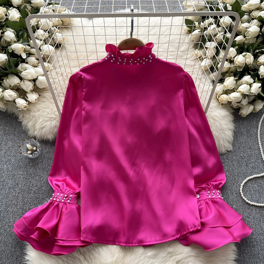 High Quality Elegant Rhinestone Long Sleeve Vintage Blouse