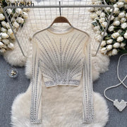 Fashion Tshirts Women's Clothing Heavy Diamond Tunic Tees  Ropa Mujer Crop Tops Sexy See Throught Gauze T Shirt Y2k T-shirt