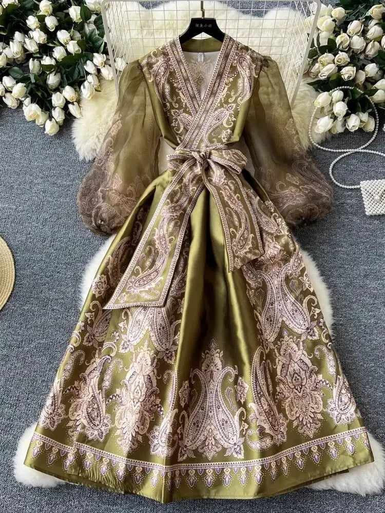 High-quality paisley print patchwork wrap puff sleeve maxi party dress