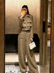 Casual Ladies Work Tweed Multi Pockets Single Breasted Long Sleeves Coat Two Piece Set Elegant Female Straight Long Pant Sets