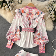 Two Piece Set Floral Print V Neck Flare Long Sleeve Shirt + Belted Pocket Shorts High Quality
