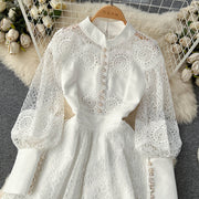 Vintage Flowers Embroidered Hollow Out Lace Dress High Neck Long Lantern Sleeve High Quality Pearl Buttons