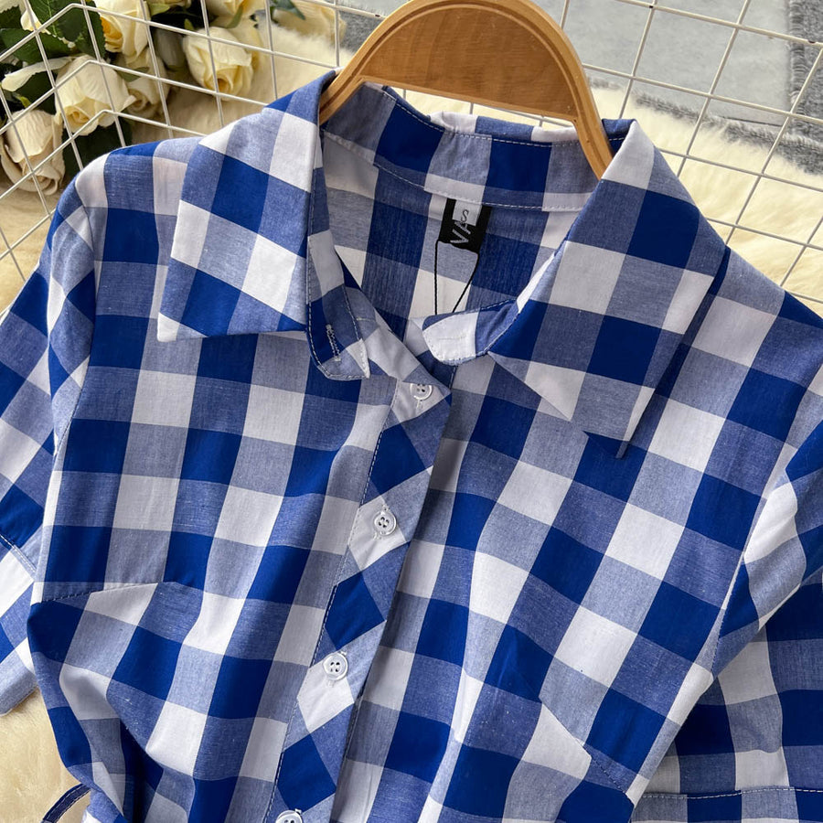 Blue and White Plaid Shirt Dress Short Sleeve Cross Sashes Lace Up Vintage Midi High Quality