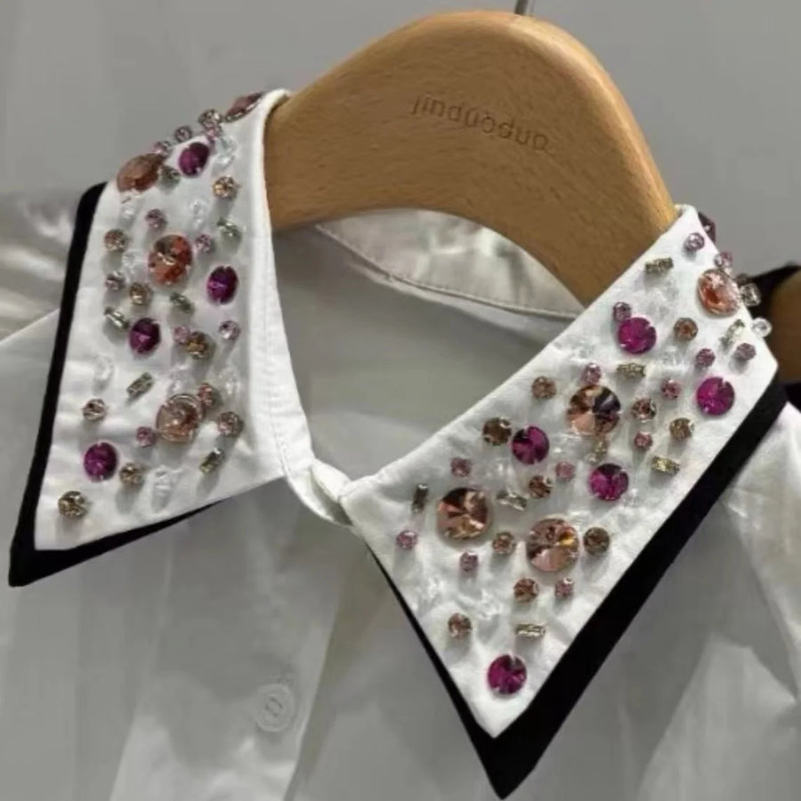 Luxury Sparking Colorful Exquisite Diamonds Black White Cotton Shirts Blouses For Women  New Loose Casual Long Sleeve Top