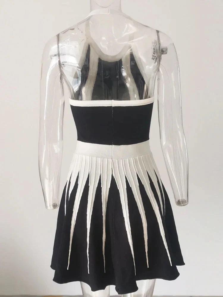 Black White Striped Buttons 3D Pink Pleated Sexy Sleeveless Knitted Mini Dress