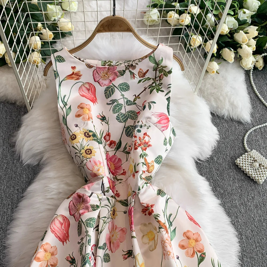 Fashion Elegant Print Sleeveless Dress Women 2026 Summer New Slim Waist Gown Ball Big Swing Robe Fresh Temperament Vestidos