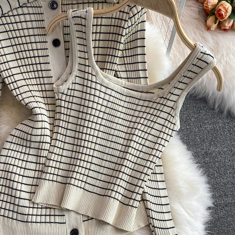 3-piece set knitted set tube skirt + high-quality knitted cardigan