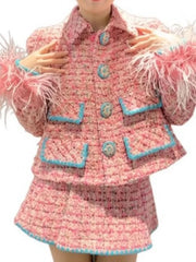 Women Auutmn Winter Sweet Feather Single Breasted Tweed Short Jacket High Waist A-Line Skirt Offce Ladies Fashion Two Piece Set