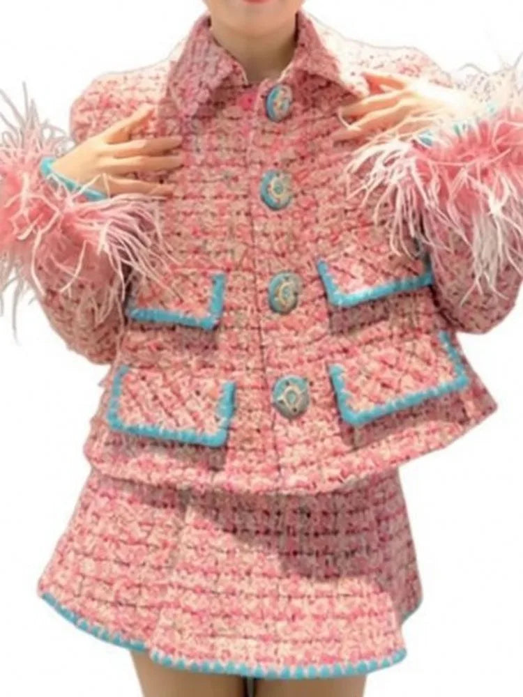 Women Auutmn Winter Sweet Feather Single Breasted Tweed Short Jacket High Waist A-Line Skirt Offce Ladies Fashion Two Piece Set