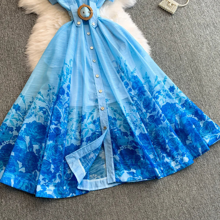 Summer Women Printed Long Dress Beach Vacation Notched Collar Single Breasted Short Sleeve A-Line Maxi Vestidos Female Robe