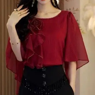 High Quality Round Neck Solid Color Short Sleeve Yarn Tops