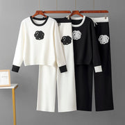 Casual Knitted Two Piece Sets Floral Sweater+Pants High Quality