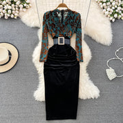 High Quality High Waist V Neck Elegant Print Pleated Pencil Dress