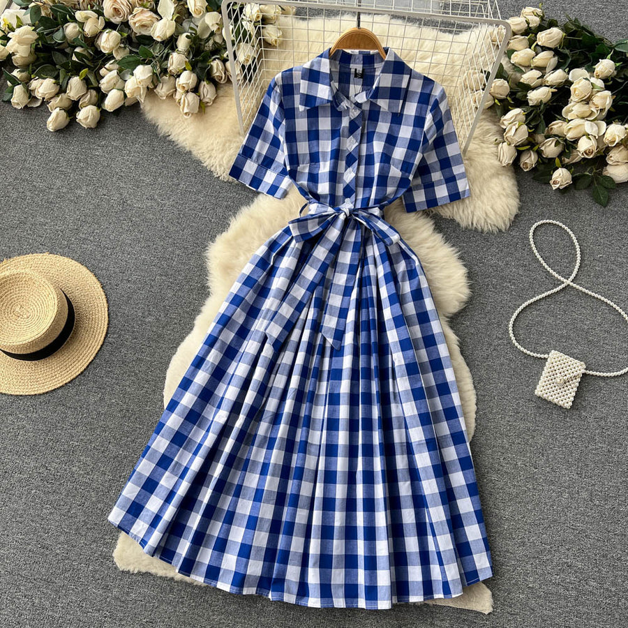 Blue and White Plaid Shirt Dress Short Sleeve Cross Sashes Lace Up Vintage Midi High Quality