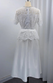 Elegant Beading Diamond Luxury Embroidery Prom Evening Dress Women Summer Short Sleeve Hollow Out Lace Patchwork Belt Long Dress