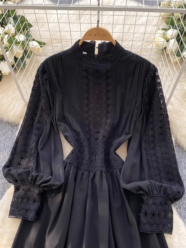 Elegant French vintage style high neck long sleeve evening dress with high quality lace openwork and splicing