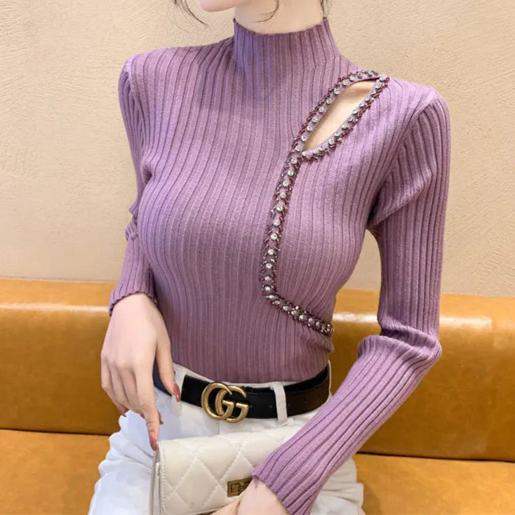 High Quality Stones Turtleneck Long Sleeve Knitted Tops