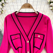 Women's Two-Piece Set Long-Sleeved Lace-up Waist V-Neck Mid-Length Knitted Cardigan Coat + Wide-Leg Pants